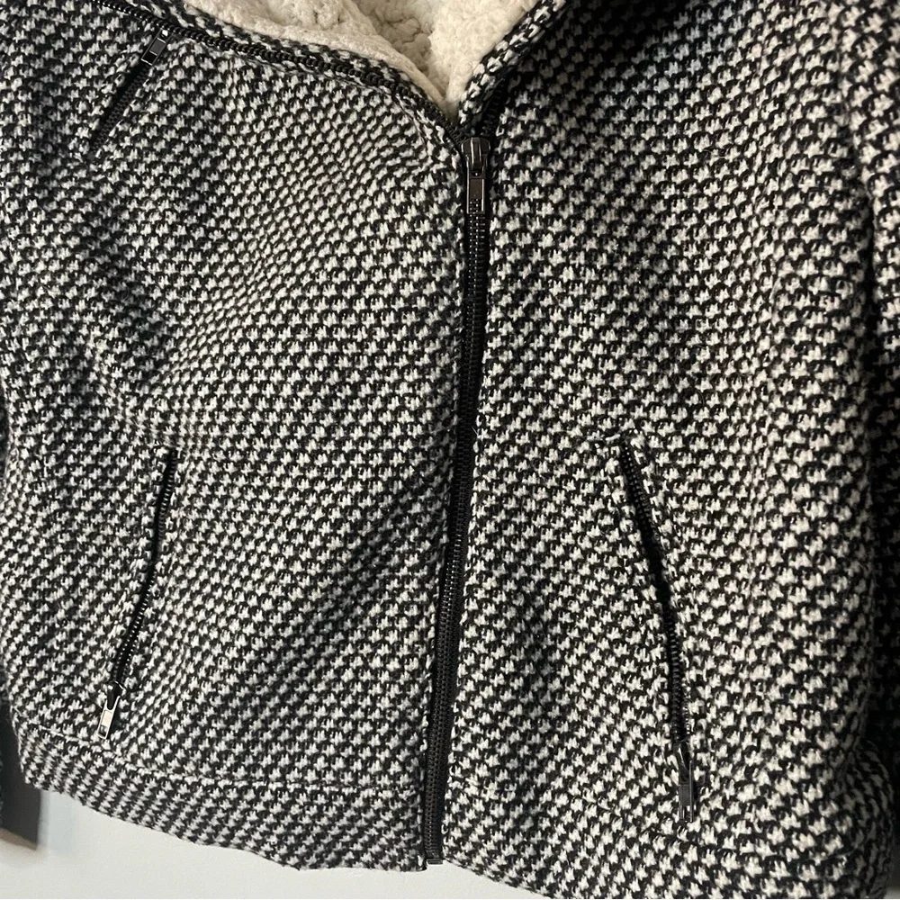 Forever 21 Sherpa Lined Houndstooth Patterned Wool Blend Zip Up Jacket Coat Lg - Picture 5 of 8